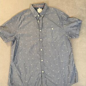 Cactus Man Men’s Blue Button Up -Short Sleeve Cotton Shirt - Seagulls - Large